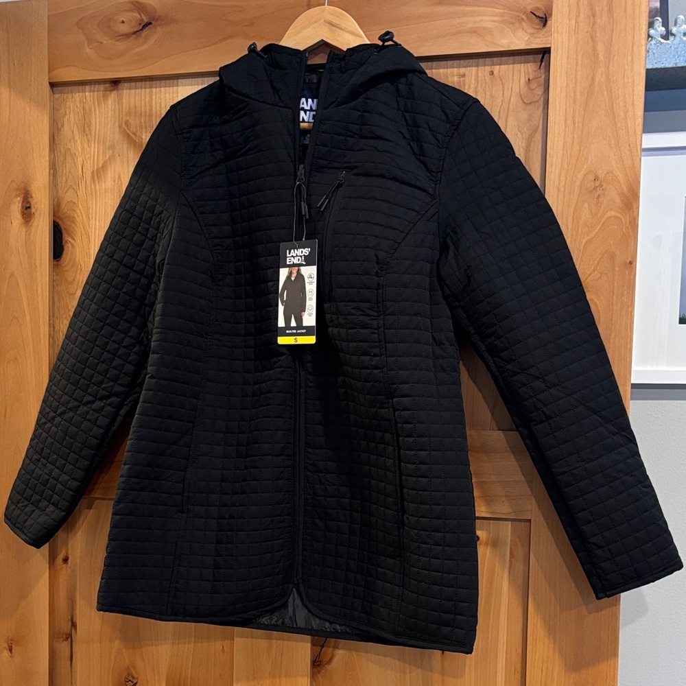 Lands' End Black Quilted Jacket with Hood
